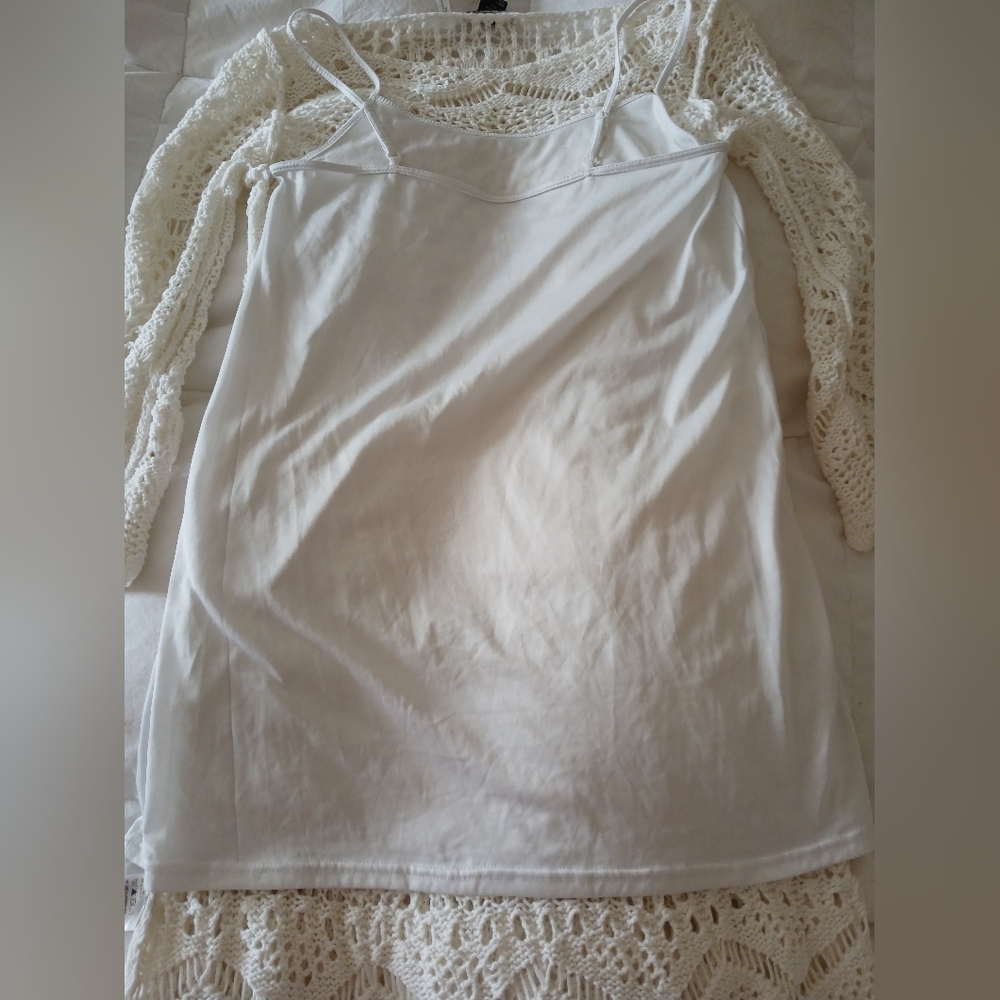 New-Crochet Poly Knit Boho Stretch-Slip Lined Cream/Off White Dress Oversized - Picture 11 of 11